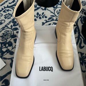 Labucq Cream Heeled Boots with Square Toe